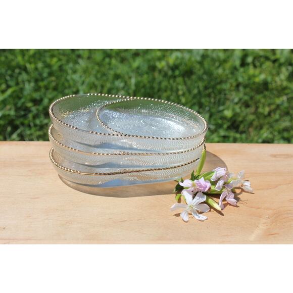 Three Vintage Antique Butler Pressed Glass Dishes Gold Trim Floral Harp Design - Picture 3 of 6